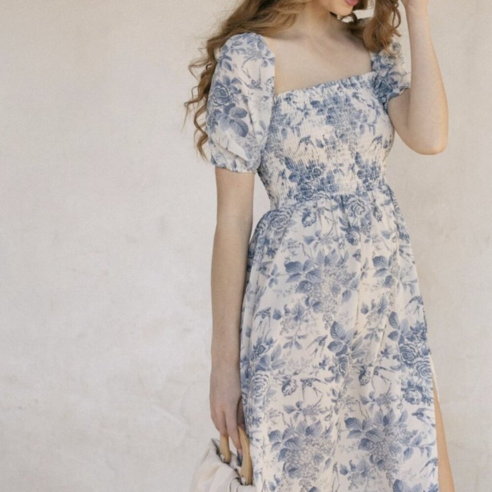Blue Floral Smocked Midi Dress with Puff Sleeves by
